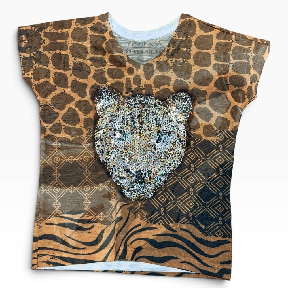Energia Natural Girls Animal Print Sequin Leopard Tee Brown Cap Sleeve Top 4